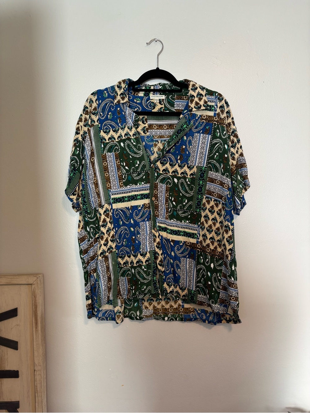 EARTHBOUND Patchwork Paisley Short-Sleeve Shirt in Green, Blue, Cream